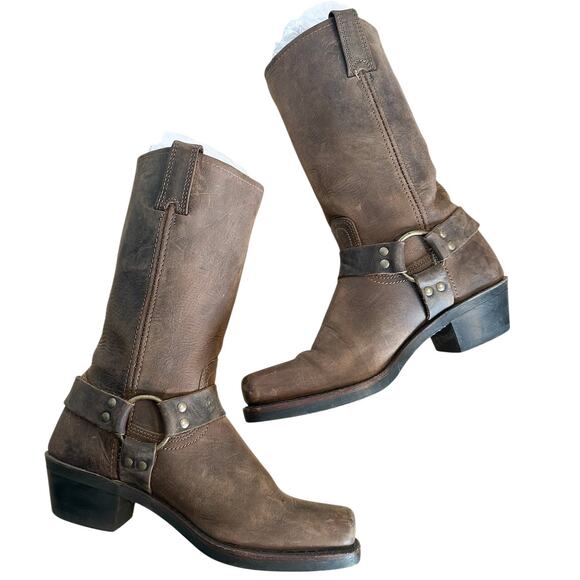 Frye Vintage Brown Leather Square Toe Harness BootSize 9.5 - Picture 12 of 13